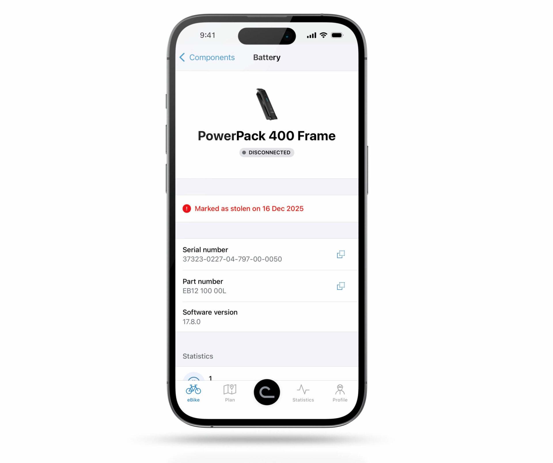 Az eBike Flow alkalmazásban akár az akkumulátort is megjelölhetjük lopottként